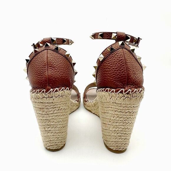 VALENTINO Brown Rockstud Espadrille Wedge Heels Size 40 Peep Sandal Ankle Strap - Picture 9 of 14
